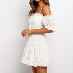 Slash-Off-Shoulder-Spaghetti-Strap Lace Pleaded Party Dress is an ideal dress for summer parties and many other occasions. Features: Season: Summer Neckline: Slash neck Sleeve Style: Regular Style: Casual Dresses Length: Above Knee, Mini Material: Polyester Silhouette: A-LINE Sleeve Length(cm): Short Waistline: empire Package includes: 1 X Mini Dress Size Chart: Size US UK EU Bust Waist Length S 4 8 34 70-104cm/27.56-40.94'' 64-98cm/25.20-38.58'' 83cm/32.68'' M 6 10 36 74-108cm/29.13-42.52'' 68- Design Overlay, Printed Beach Dresses, Sleeve Ruffles, Straps Dress, Beach Mini Dress, White Sundress, Dress Women Elegant, Little White Dresses, Lace White Dress