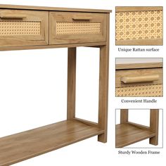 an image of a wooden table with drawers and shelfs on each side for storage