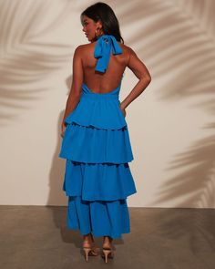 Halter neck Ruffle detail Tiered Front cutout Open back Lined 100% Polyester Salsa Dance, Salsa Dancing, Guest Attire, Halter Maxi Dress, Halter Maxi, Swim Shop, Halter Maxi Dresses, Neck Ruffle, Maxi Dress Blue