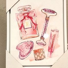 a painting of cosmetics and tools on display in a frame with a wall behind it