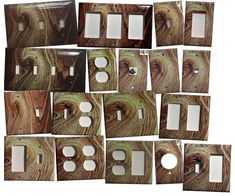 several different types of wood and metal switch plates