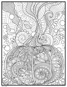 a black and white coloring page with a pumpkin in the center, surrounded by swirls