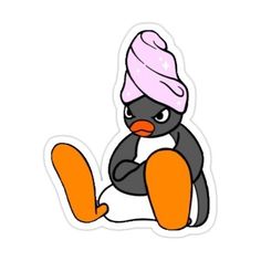 a cartoon penguin with a pink hat on its head and legs, sitting against a white background