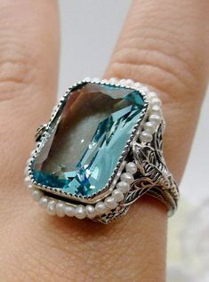 Aquamarine Ring, Seed Pearl Accent, Silver Leaf Filigree, Victorian Jewelry #D234 Elegant Light Blue Crystal Promise Ring, Elegant Light Blue Crystal Ring For Anniversary, Elegant Light Blue Crystal Ring, Elegant Blue Crystal Ring Gift, Elegant Light Blue Rings For Gift, Elegant Turquoise Round Topaz Rings, Elegant Round Turquoise Topaz Ring, Elegant Blue Crystal Gemstone Ring, Elegant Aquamarine Birthstone Crystal Ring