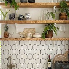 the shelves are filled with plants and wine bottles on top of each shelf, along with other kitchen utensils