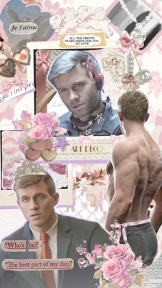 a collage of photos with the same man in different outfits and flowers on them