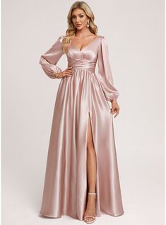 JJ's House Stretch Satin V-Neck Fall A-line General Plus Leg Slit Back Zip Vintage Sparkle & Shine Elegant Modest Dusty Rose Height:5.8ft（176cm） Bust:32in（82cm）Waist:24in（61cm）Hips:35in（89cm） Floor-Length Pink Long Sleeve Bridesmaid Dress. #JJ's House #StretchSatin #VNeck #Fall #Aline #General #Plus #LegSlit #BackZip #Vintage #Sparkle&Shine #Elegant #Modest #DustyRose #FloorLength #Pink #LongSleeve #BridesmaidDress Elegant Formal Dresses With Sleeves, Rose Gold Dress Long Sleeve, Rose Gold Bridesmaid Dress With Sleeves, Full Sleeves Dresses For Women, Satin Desert Rose Bridesmaid Dresses, Winter Bridesmaid Dresses Sleeves, Satin Modest Dress, Bridesmaid Dresses Winter, Bridesmaids Gowns With Sleeves