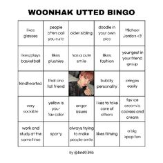 an image of a person's face with the words woonhak united bingo on it