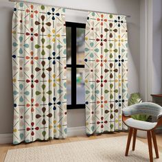 a living room with a chair, window and rug in front of the window that has an abstract pattern on it