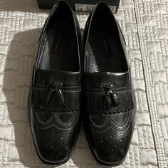 Brand New And Never Worn! In Excellent Condition! Black Wingtip Slip-ons For Semi-formal Occasions, Black Slip-on Tassel Loafers With Moc Toe, Black Wingtip Slip-ons With Brogue Detailing, Black Branded Insole Tassel Loafers For Semi-formal Occasions, Black Semi-formal Tassel Loafers With Branded Insole, Semi-formal Black Tassel Loafers With Branded Insole, Black Wingtip Tassel Loafers For Business Casual, Black Slip-on Tassel Loafers For Semi-formal Occasions, Black Slip-ons With Brogue Detailing And Moc Toe