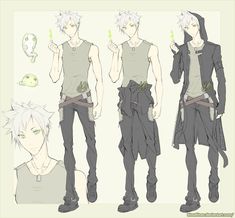 three different poses of an anime character with white hair and black pants, one is holding a