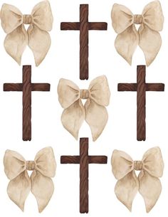 four crosses with bows on them are painted in brown and beige colors, each one has a cross at the top