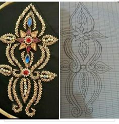 two pictures side by side, one with embroidery and the other with beading on it