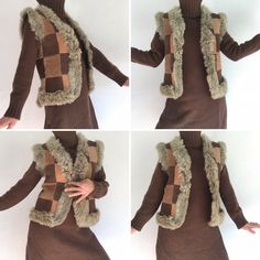 "Vintage Patchwork Shearling Vest Mede in France 1970s Amazing shearling patchwork vest in natural brown colors . Fur finishing on edges. No buttons. Reversible. In perfect condition. To note: A few spots on tan color patch (back) present (picture). Material: 100% sheep skin Estimated size: S/M Model wears usually a size S (UE 36/38) and is 170cm / 66,9\" tall. Measures (flat): Shoulder: 46cm - 18,1\" Chest: 46cm - 18,1\" Bottom: 48cm - 18,8\" Length: 58cm - 22,8\" Sleeve opening: 21cm - 8,2\" P Brown Patchwork Vest For Fall, Retro Beige Patchwork Outerwear, Vest Patchwork Vintage, Brown Vest With Faux Fur Trim For Fall, Leather Fur Jacket, Present Picture, Brown Faux Fur Trim Vest For Fall, Retro Cotton Patchwork Vest, Vintage Brown Patchwork Outerwear