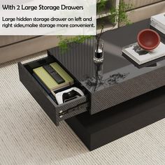 a coffee table with two storage drawers on it