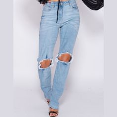 Denim Straight Leg Jeans Distressed Knee Rip High Waist Relaxed Fit 99% Cotton 1% Elastane Blue Denim Jeans With Holes, High Rise Denim Jeans With Holes, Ripped Light Blue Denim Bottoms, Light Blue Ripped Denim Bottoms, Trendy Ripped Jeans For Spring, Light Blue Ripped Cotton Jeans, Ripped Denim Straight Leg Bottoms, Ripped Straight Leg Denim Jeans, Non-stretch Ripped Blue Jeans