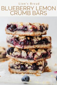 blueberry lemon crumb bars stacked on top of each other with text overlay