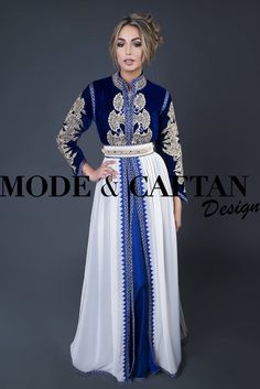 In Bride mode or Guest mode, this kaftan will be your  smart  feminines whiles.  We like the elegant style wich the officer collar bring and the differents fabrics and colors. What about the wealth of the embrodery.  The flared skirt in association with the waist cut top, make this dress very confortable without remove the glamour of this typical morrocan kaftan.  It's difficult to resist to the royal blue velvet, and the long sleeves  of this takchita. Elegance and success will make you the queen of your event.  This dress have two pieces. A without sleeves kaftan make with royal blue chiffon and a royal blue velvet kaftan with an  ivoiry muslin skirt. The top, sleeves and collar were embrodered with  artisanal way in gold.  The ajustable belt made with velvelt and muslin. We have add an Luxury Wedding Abaya, Elegant Formal Kaftan With Traditional Drape, Elegant Fitted Dabka Kaftan, Elegant Fitted Kaftan With Dabka Details, Blue Traditional Drape Kaftan For Wedding, Royal Floor-length Kaftan For Wedding, Royal Floor-length Wedding Kaftan, Wedding Kaftan With Dabka In Traditional Drape, Elegant Formal Dabka Kaftan