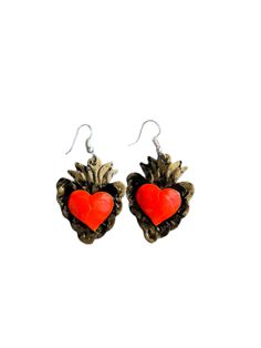 "Mexican tin heart earrings Beautiful hand painted earrings by talented artisans in Mexico.  Tin heart earrings size: 2\" All orders are shipped using Mexican Postal Service and it takes: 15-25 business days (North America). 20-30 business days (Europe). 20-35 business days (Rest of the world).  If your are in a hurry or if you would like to use another shipping service, please contact me before placing your order. The extra cost is calculated according to the package dimension and weight." Handmade Heart-shaped Enamel Earrings, Hand Painted Red Jewelry For Valentine's Day, Handmade Enamel Jewelry For Valentine's Day, Hand Painted Heart Earrings For Valentine's Day Gift, Hand-painted Red Jewelry For Valentine's Day, Red Heart-shaped Hand Painted Jewelry, Artisan Heart Earrings As Gift, Artisan Heart Earrings For Pierced Ears As Gift, Hand Painted Heart Earrings For Gift