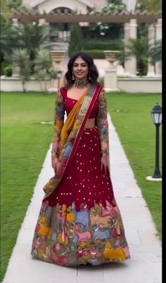 Red Saree For Karva Chauth, Kalamkari Half Saree, Silk Kalamkari Sarees, Kalamkari Lehenga