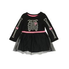 This adorable infant & toddler girl's black & pink skeleton Halloween dress is sure to be a favorite! Infant& toddler sizes 60% Cotton, 40% Polyester Made In Vietnam Size: 12 Months.  Gender: female. Pink Long Sleeve Halloween Dress, Pink Long Sleeve Dress For Halloween, Black Spring Playtime Dress, Spring Black Dress For Playtime, Black Dress For Playtime In Spring, Beige Knit Dress, Pink Skeleton, Sequin Top Dress, Black Sequin Shorts