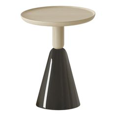 the small table is made out of wood and has a black base with white trim