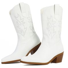 PRICES MAY VARY. [Measure]: Cowboy boots for women heel~5cm=1.96'/6cm=2.36' [High Quality]: Embroidered western boots upper material-synthetic suede pu leather(VEGAN), sole-rubber [Easy On/Off]: Knee high boots with pull on closure [Occasions]: Chunky heel cowgirl boots suitable for all occasions, such as Walking, Travel, Shopping, Office, Party, Date, Festival, Wedding, Daily wear, Wedding, Driving, Riding, Indoor, Outdoor, Holiday, Spring, Summer,Autumn,Winter [NOTE]: Please measure your foot White Embroidered Boots For Winter, White Embroidered Boots For Fall, Womens Cowboy Boots, Boots Comfortable, Embroidered Boots, Cowboy Boots Women, Western Cowgirls, Western Cowgirl, Wide Calf