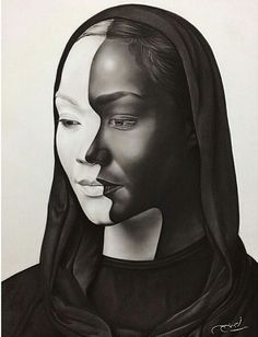 a black and white drawing of a woman's face with a veil on her head