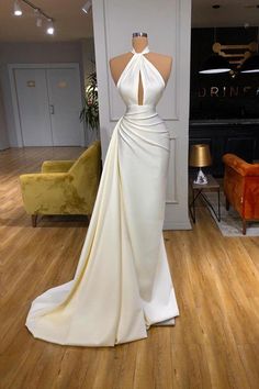 Ivory Halter Long Evening Prom Dress With Split Detachable Train Prom Dress Halter, White Prom Dress Long, Halter Evening Dress, Robes Glamour, Cheap Prom Dresses Long, Evening Dress Long, Evening Party Gowns, Gowns Prom, Prom Dresses Online