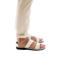 Aviv White, handmade leather slide sandals - back View White Double Strap Classic Sandals, Classic White Double Strap Sandals, Mens Slides Sandals, Classic Sandals, Mens Slide Sandals, Two Strap Sandals, Double Strap Sandals, Stylish Footwear, Mens Slides