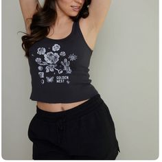 New With Tag Graphic Print Longer Crop Length Size Medium Black Graphic Print Tank Top For Spring, Black Tank Top With Graphic Print For Spring, Marled Sweater, Purple Tank, V Neck Tank Top, Pink Tank, Sweater Tank Top, Ribbed Tank Tops, Pink Tank Top