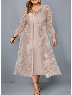 Women's Plus Size Curve Two Piece Dress Party Dress Print Crew Neck 3/4 Length Sleeve Spring Fall Work Midi Dress Formal Vacation Dress 2023 - US $59.99 Baju Kahwin, Midi Dress Work, Midi Dress Formal, فستان سهرة, Cocktail Parties, Khaki Dress, Vacation Dresses, Mongolia, Types Of Dresses