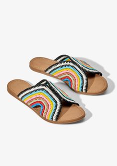 Indulge in luxury with our BALI - RAINBOW sandal slide. Handwoven raffia straps in a vibrant rainbow design paired with a genuine vegetable tanned leather insole provide all-day comfort and the durable outsole ensures longevity. Elevate your style and comfort with this unique summery style. As Always, salt+umber is sustainably and ethically handmade in India Rainbow Sandals, Capsule Outfits, Loafer Mules, Rainbow Design, Beach Inspired, Boot Sandals, Vegetable Tanned Leather, Tan Leather, Tote Handbags