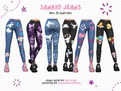 four different colored leggings with cartoon characters on them