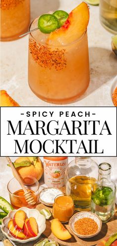 A spicy peach margarita mocktail in a glass along with the ingredients. Margarita Mocktail Recipe, Infused Simple Syrup, Margarita Mocktail, Virgin Margarita, Easy Mocktail Recipes, Peach Margarita, Mocktail Drinks, Alcohol Free Drinks, Perfect Summer Drink