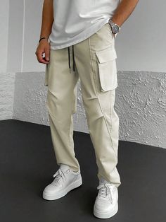 Loose Men's Solid Color Drawstring Waist Pocketed Cargo Long Pants Beige Casual   Woven Fabric Plain Cargo Pants Slight Stretch  Men Clothing, size features are:Bust: ,Length: ,Sleeve Length: Cream Colored Pants, Casual Long Sleeve Shirts, Boys Bottoms, Casual Athletic, Colored Pants, Cargo Pants Men, Pants Men, College Fashion, Inspiration Mode