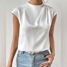 White Satin Batwing Sleeve Blouse. Nwot Size Large. White Sleeveless Office Top, White Sleeveless Blouse For Office, White Sleeveless Office Blouse, Elegant White Stretch Tops, White Sleeveless Blouse For Work, Batwing Sleeve Blouse, Satin Blouse, Shein Tops, White Satin