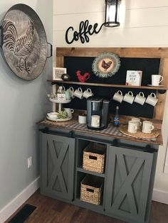 a coffee bar with two shelves and baskets on the top, next to a sign that says coffee