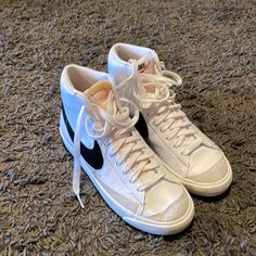 No Box, Worn For 2 Hours So They Are Brand New, Not Even Broke In Yet. White With Black Check Mark. Nike Blazer 77 Vintage, Nike High Top, Blazer 77, Check Mark, Nike High Tops, Nike High, Nike Blazer, Slipper Sandals, Slipper Boots