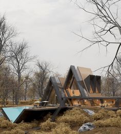 an unusual house in the middle of a field with trees and bushes around it,