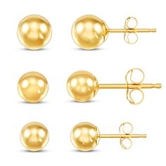 These classic ball earrings for her feature three sizes: 4mm, 5mm, and 6mm set in timeless 14K yellow gold. The earrings secure with friction backs. Ball Stud Earrings, Ball Earrings, Stud Earrings Set, Accessories Jewelry Earrings, Earrings Set, Bobby Pins, Earring Set, Women's Earrings, Jewelry Accessories