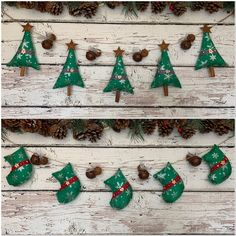 christmas decorations are hanging on a white wooden wall