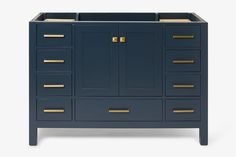 a blue cabinet with gold handles and drawers on the bottom, against a white background