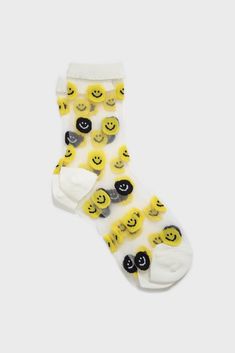 White yellow smiley face sheer socks_1 Droopy Smiley Faces, Smiley Face Clothing, Yellow Smiley Face, Jeans Uk, Sheer Socks, London Free, Face Cloth, Buy Now Pay Later, Outfit Goals