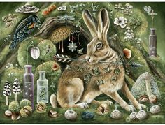 a painting of a rabbit surrounded by other items