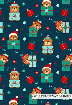 seamless christmas pattern with teddy bears and presents on blue background, suitable for wallpaper or wrapping paper