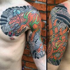 two different views of a man's arm and shoulder with dragon tattoos on it