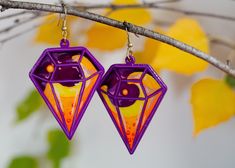 One of a kind, hand painted pair of earrings on wood. Sealed with acrylic varnish.  Ear wire is gold plated and nickel free. Artistic Hand-painted Purple Earrings, Unique Hand Painted Purple Earrings, Hand Painted Purple Earrings As Gift, Hand Painted Purple Resin Earrings, Acrylic Varnish, Bottle Earrings, Yellow Jewelry, Potion Bottle, Gift Art