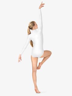 a woman in a white leotard and tights is standing on one leg