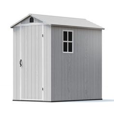 a small shed with the door open and windows on it's side, in front of a white background